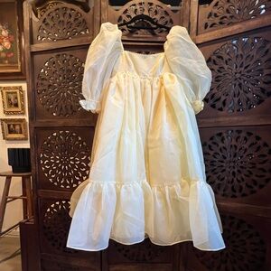 Selkie Banana Light Yellow Sheer French Puff Babydoll Midi Dress Puffy Sleeves